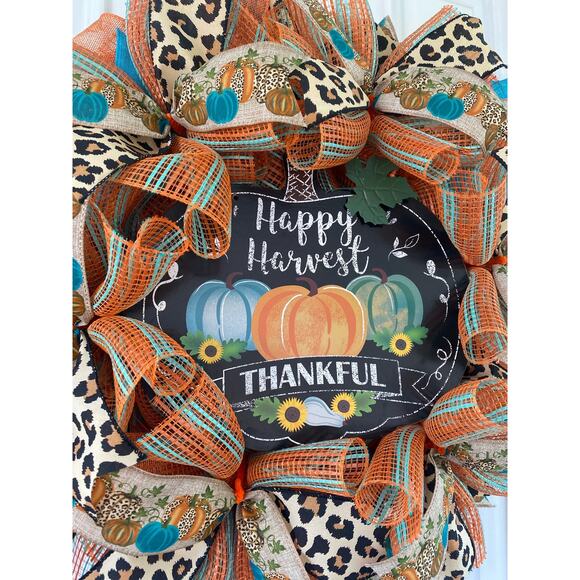 Happy Harvest Thankful Pumpkin Fall Deco Mesh Ribbon Leopard Cheetah Wreath - Picture 2 of 7